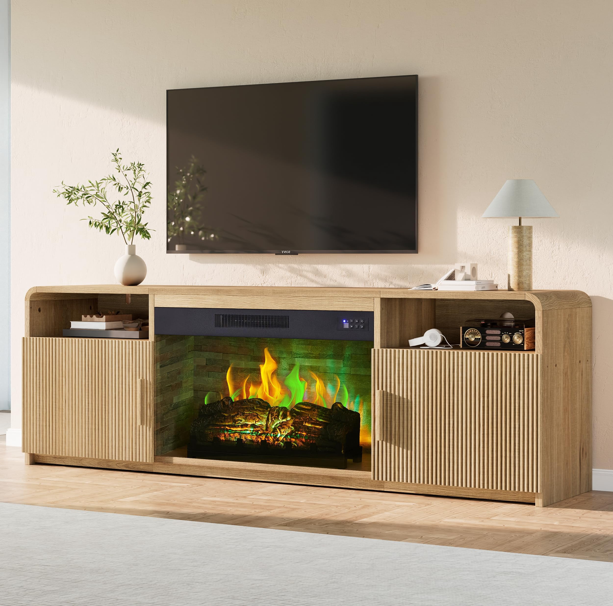 VanAcc 70" Fluted Fireplace TV Stand for TVs Up to 80", Modern TV Console with 30" Electric Fireplace & Storage Cabinets, for Living Room