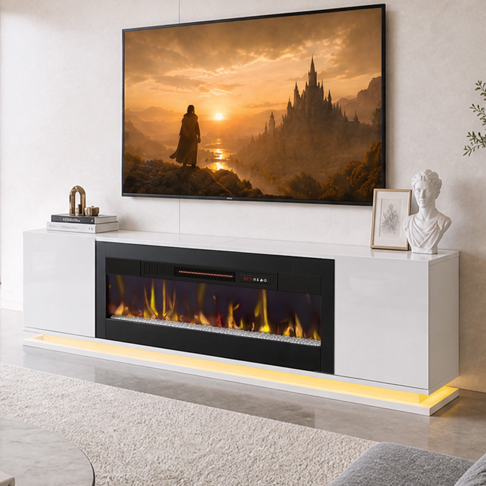Bestier 70" Fireplace TV Stand with 36" Electric Fireplace, Mornden Entertainment Center for TVs up to 75", LED Lights, Glass Door & Adjustable Shelves for Living Room