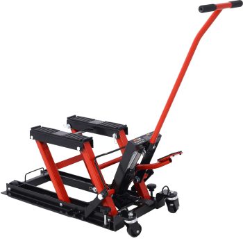 C0000J Hydraulic Motorcycle Lift Jack Foot-Operated Motorcycle Lift Table With 4 Wheels 1500 LBS Capacity 4.5" - 15" Lifting Range