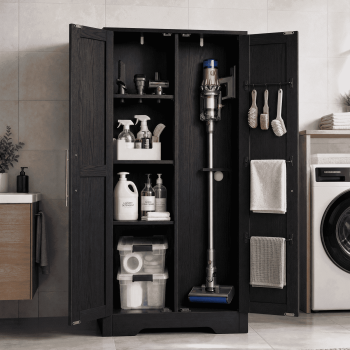 NORTHSKY Wooden Storage Cabinet, Broom Closet & Vacuum Cleaner Storage Compatible with Dyson Vacuum, Utility Cleaning Tool Cabinet for Garage, Home ()