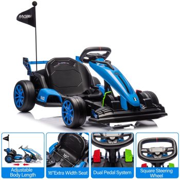 24V Kids Ride on Go Kart, 7.5mph Variable High Speed Drifting Car, 7ah Battery 200W*2 Motors,Length Ajustable Max Load 135lbs, Power Display Racing Toy for for Kids Child 6+