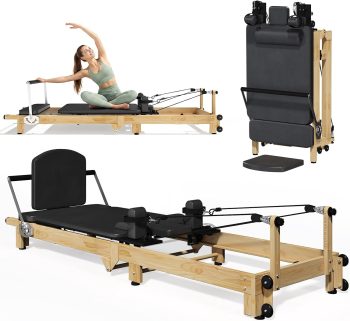 YODOLLA 92" Pilates Reformer,Foldable Wooden-Look Pilates Machines for Gym in Black