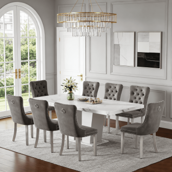 63"-79" Extendable Dining Room Table and Chairs Set for 8, 9 Pieces Faux Marble Kitchen Table Set with 8 Grey Chairs Set, Modern Large Expandable Dinner Table Set with White Double Columns Base