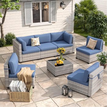 6-Seat Outdoor Wicker Sectional Patio Sofa Set with 4" Thick Cushions, Dual-Strand PE Rattan and Rust-Resistant Steel Frame, Modular Garden & Deck Lounge Furniture