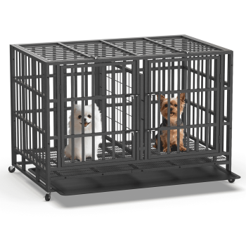 TIME RAY 48 Inch Double Heavy Duty Indestructible High Anxiety Dog Crate Cage for 2 Dogs with Steel Escape Proof,Wheel, Removable Tray