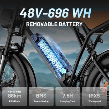 C INVERTER 20" x 4" Fat Tire Electric Bike for Adults, Peak 1100W Motor Retro Ebike Mountain Bike, 48V 14.5 Ah Removable Battery, Max Speed 28 Mph Electric Bicycle Snow Bike