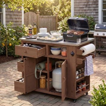 Outdoor Solid Wood Extendable 19.3''/28'' Kitchen Island, Stainless Steel Top Grill Table with Side Spice Rack, Kitchen Cart with Drawers, Storage Cabinet for Backyard, BBQ,Party, Brown No.4521