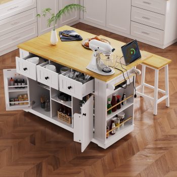Yoneston 53" Rolling Kitchen Island with 2 Bar Stools, Kitchen Storage Cart with Power Outlet, Internal Storage Rack, Drop Leaf, 5 Open Side Racks, 3 Drawers 2 Doors for Kitchen Dining Room