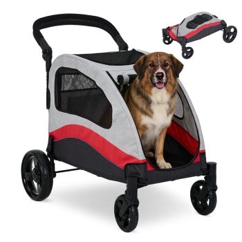 Extra Large Dog Stroller, Steel Pipe Dog Cart & Dog Push Cart with Wheels, Brakes and Shock Absorption, Foldable Dog Stroller with Adjustable & Removable Handle for Large Pets