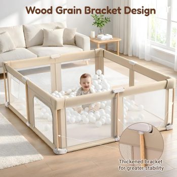 PRVAETU 71"x59"x27" Foldable Baby Playpen with Mat, Play Yard Fence for Babies Boys Girls Toddlers, Large Playard W/ 300D Fabric for Infant and Kids,Khaki