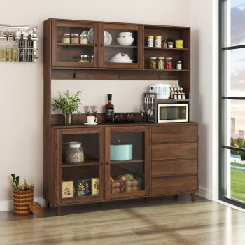 Aukfa Large Kitchen Hutch Cabinet, Pantry Cabinets w/ 4 Doors & Microwave Shelf, Walnut