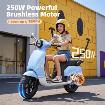TJSTARQU 24V Electric Bike for Kids, Speed up to 10MPH, Electric Moped Scooter,Electric Motorbike with 12'',250W Brushless Motor, LED, Battery Powered Ride on Toy for Girls Boys