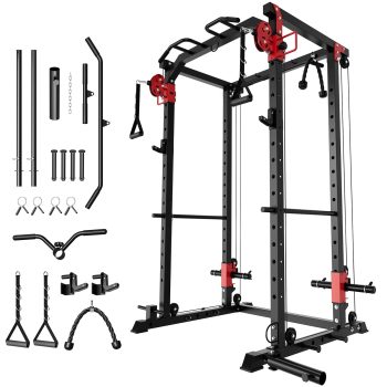 Heavy Duty Power Cage with Dual Pulley System 1600LBS Capacity Squat Rack Cable Crossover & LAT Pulldown Multi-Functional Strength Training Equipment for Full Body Workout