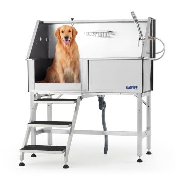 46 Inch Stainless Steel Dog Washing Station with Walk-in Ramp Heavy Duty Pet Grooming Bathtub Left opening door Silver