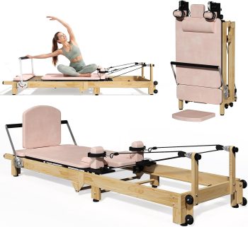YODOLLA 92" Pilates Reformer,Foldable Wooden-Look Pilates Machines for Gym in Pink