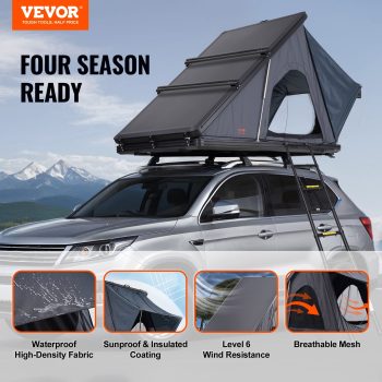 VEVOR Rooftop Tent Hard Shell,Rooftop Tent Hardshell for 2-3 Person, Hard Shell Roof Top Tent with Telescopic Ladder Thick Mattress, Waterproof Windproof for Jeep SUV Van Pickup Truck