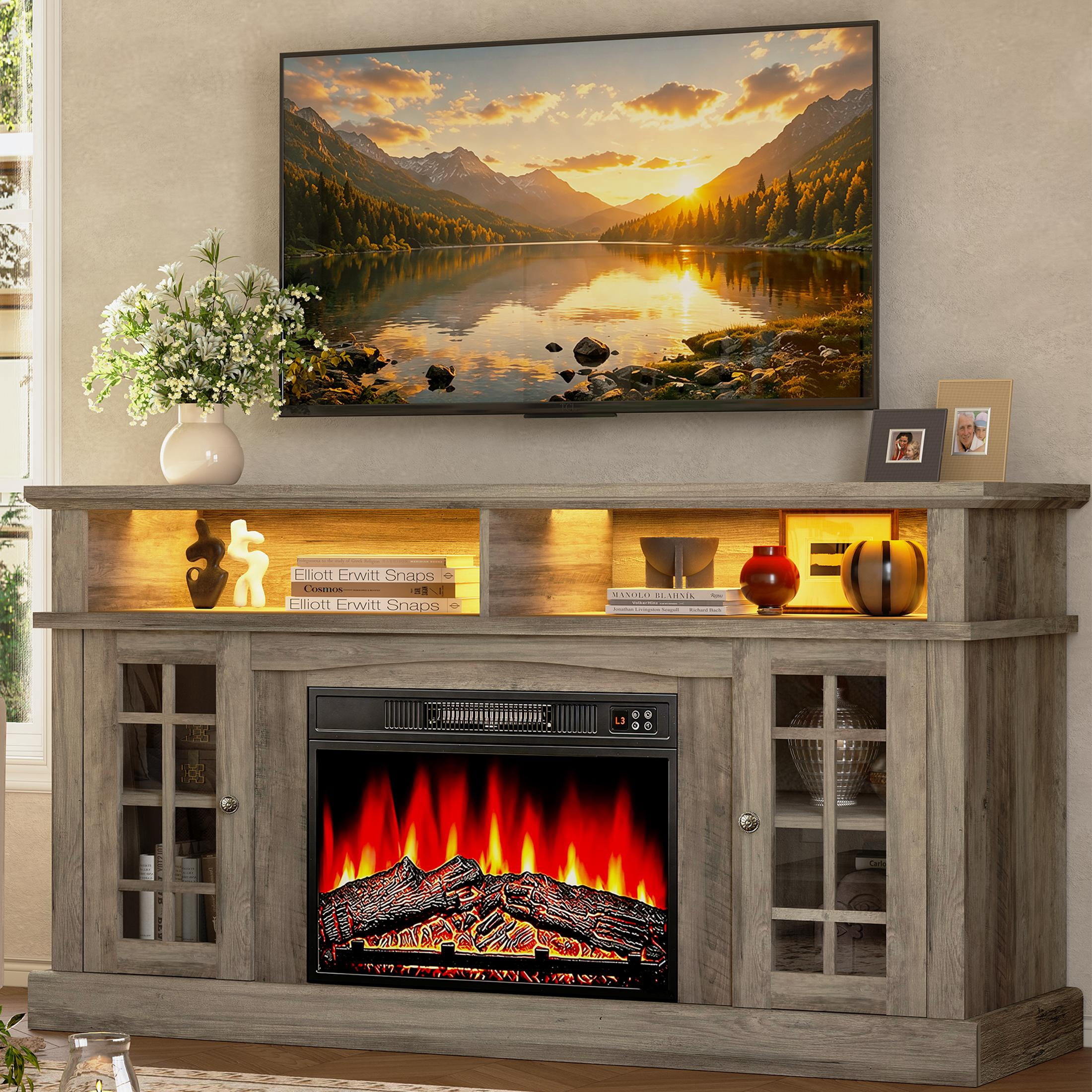 SESSLIFE Fireplace TV Stand for TVs up to 65 Inches, Farmhouse Entertainment Console with 23-Inch Electric Fireplace, Wash Gray