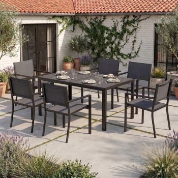 Clouddwell 7‑Piece Outdoor Patio Dining Set, Expandable Metal Table with 6 Textilene Armchairs, Dark Gray Weather‑Resistant Furniture for Backyard Garden