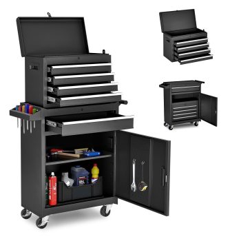 NETAJE Metal Tool Chest, 2 in 1 Steel Rolling Tool Box & Cabinet On Wheels for Garage, Detachable Top Tool Box and Lockable Wheels Metal Tool Cart for Garage, 5-Drawer
