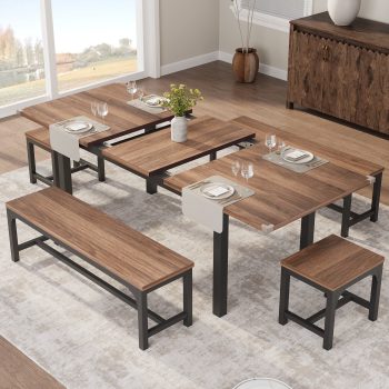Extendable Dining Table Set for 6 to 8 People, Includes 2 Benches and 2 Stools, Large Wood Kitchen Table in Walnut for Small Spaces