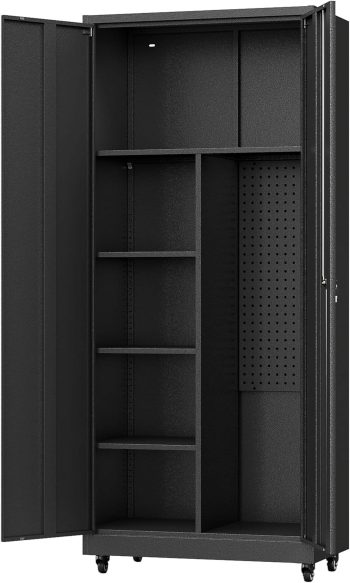 Metal Garage Storage Cabinet with Wheels,Rolling Tool Storage Cabinet with Lock,Steel Locking Cabinet with Locking Doors and Adjustable Shelves,Tall Storage Cabinet for Office Home,Garage,Shop