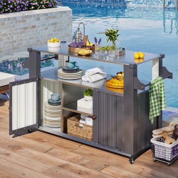 YODOLLA Outdoor Grill Table Cart with Storage Cabinet and Counter Prep Table, Weatherproof Dark Grey Kitchen Island with Handle