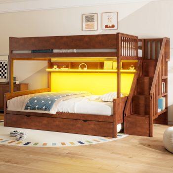 Euroco Full XL over Queen Bunk Bed with Storage Staircase and Shelves, Wood Bed with Trundle and LED Light