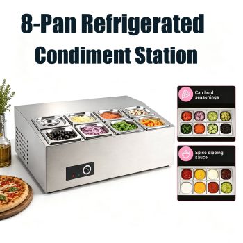 280wRefrigerated Condiment Prep Station,Countertop Refrigerated Condiment Station,31l Stainless Steel Prep Station with Eight 1/6 Pans, 7level Temp Control for Food Truck & Takeout Kitchen