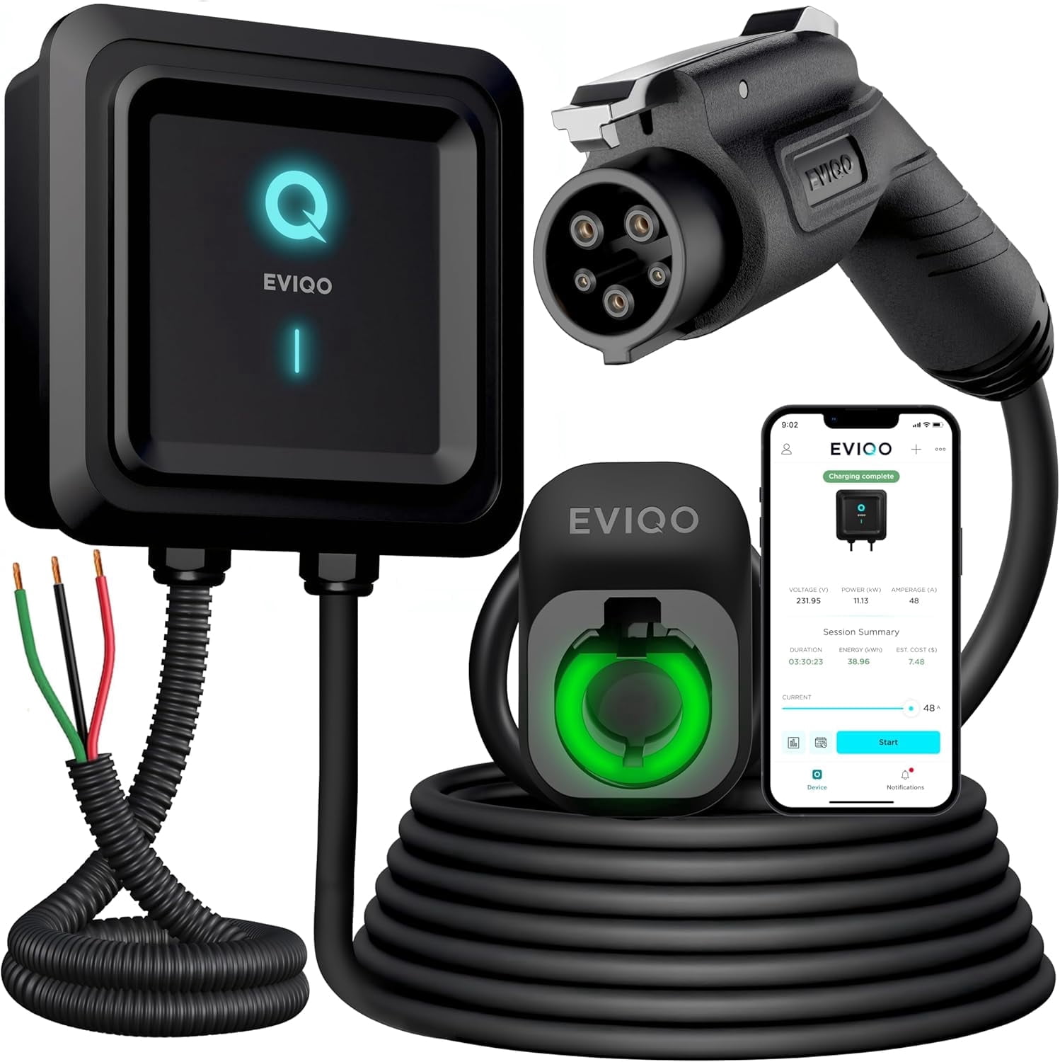 EVIQO EV charger Level 2 Hardwired 48 Amp, 240V J1772 Charging Station with 25' Cable for Electric Vehicles