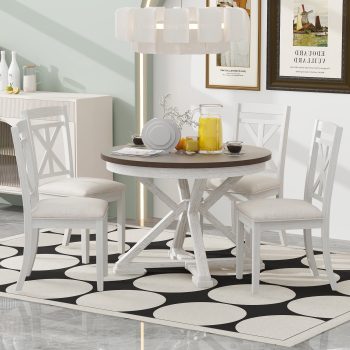 Euroco 5-Piece Retro Dining Table Set with Extendable Round Dining Table and 4 Upholstered Chairs for Dining Room and Living Room