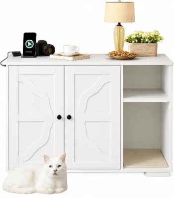 Modern Hidden Cat Litter Box Enclosure Cabinet with Dog-Proof Shelf & Power Outlet – Fits Most Automatic Self-Cleaning Litter Boxes, Side Table for Living Room
