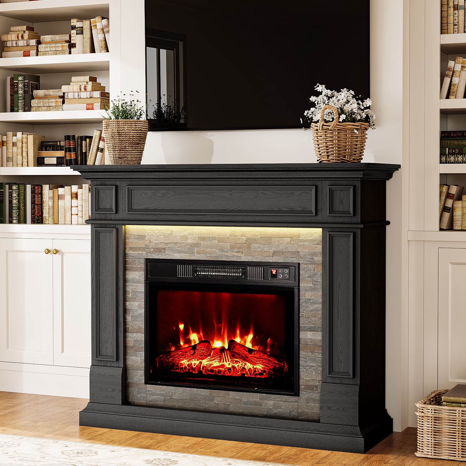 LGHM 44" Electric Fireplace with Mantel, Free Standing Fireplace Heater with LED Lights for Living Room, Bedroom, Black