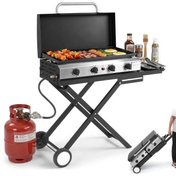 Ktaxon 4 Burner Propane Griddle Flat Top Gas Grill with Stand,Wheels 40000 BTU with Lid,Ceramic Coated Cast Iron Pan,Portable