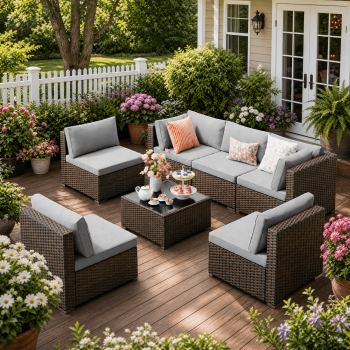 7 Pieces Patio Furniture Set, Asofer Rattan Wicker Outdoor Conversation Sectional Sofa Set with Upgraded Feet and Glass Coffee Table for Backyard,Porch,Poolside,Gray
