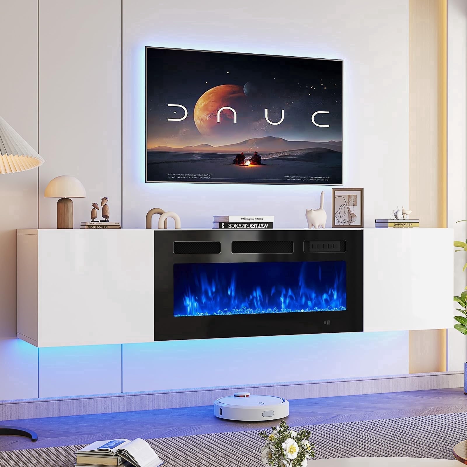 Easoger Floating TV Stand with 36" Electric Fireplace, Wall Mounted Fireplace Entertainment Center with Storage for TVs Up to 80", Adjustable Partition, Black/White ()