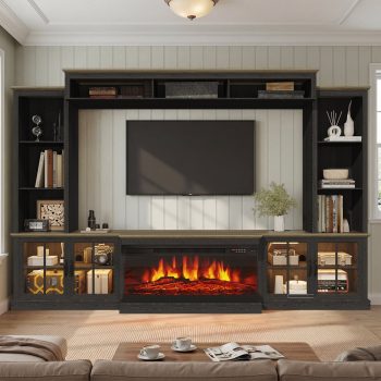 Sonegra 98" Farmhouse Entertainment Center with 36" Fireplace, TV Stand, Bookshelf, Cabinet, Fits TVs up to 75", Media Console with Power Outlets and Barn Doors for Living Room