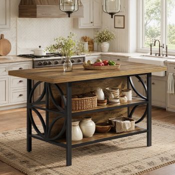 Fnova 63" Industrial Kitchen Island with Storage & Seating Area, Island Dining Table with 2 Shelves and Large Worktop, Easy to Assemble, Black & Brown