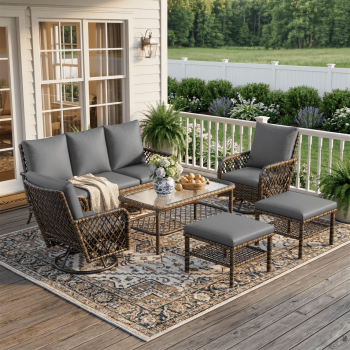 YODOLLA 6 Pcs Outdoor Furniture Set Clearance, 7-Seat Wicker Patio Funiture Sectional Sofa with High Back Swivel Rocker Chairs for Lawn, Deck, Backyard in Dark Gray