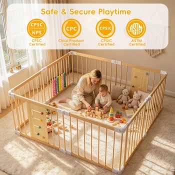 Guqiart Large Wooden Baby Playpen for Babies and Toddlers, Adjustable Kids Play Yard with Locking Gate & Interactive Toys for Indoor Use, 58"×58"×24"