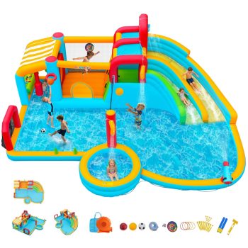 Adnoom 11in1 Inflatable Pool Water Slide for Big Kids 3~12, 21.6x17.2ft Giant Water Park, 2 Long Slide, Large Splash Pool&Deep Pool, 950w Blower, Backyard Bouncy Castle w/Jumping Area