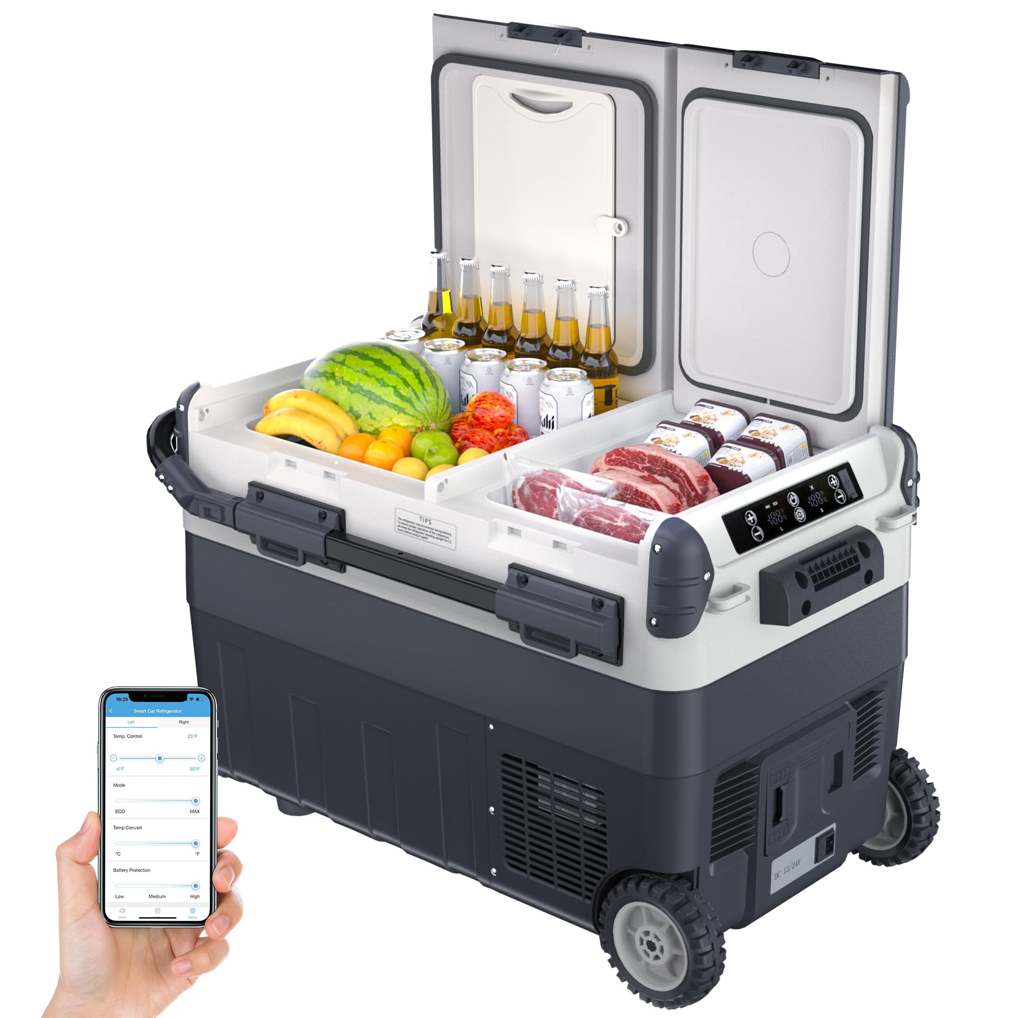 43QT Dual Zone Car Refrigerator with Wheels, 12V Portable Fridge Freezer for Car, -4℉-68℉, App Control, Fast Cooling, Auto Cooler for SUV Camping, Truck, RV, Travel, Road Trip