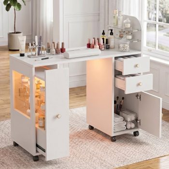 Nail Desk for Nail Tech with Lockable Wheels, Rolling Manicure Table w/LED Light Display Cabinet, Storage Drawers, Dust Collector, Wrist Rest for Beauty Salon, Spa & Home
