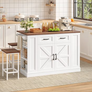 Homfa 47.2'' Kitchen Island with Drop Leaf and Charging Station, Portable Kitchen Island with Storage and 2 Seating, Rolling Cart with Wheels for Kitchen, Dining Table for 2