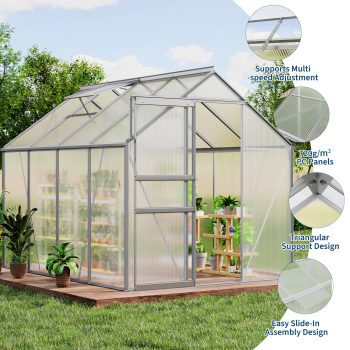 Spacious Polycarbonate Walk-In Greenhouse 6x8 FT – Heavy Duty Aluminum Frame, Sliding Door, Adjustable Roof Vent – All-Season Garden/Backyard Plant House – 5-Original Color