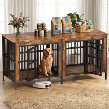 YOKWOK 78 Inch Dog Crate Furniture for Large Dogs with Sturdy Removable Divider, Extra Large Double Doors Dog Kennel Furniture,Thick Wooden Dog cage Furniture