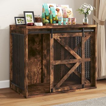 Blotout 43.3" Farmhouse Dog Crate Furniture, Wooden Dog Crate Furniture with Sliding Metal Mesh Barn Door, Solid Metal Tube & 2 Lockable Doors, XL Rustic