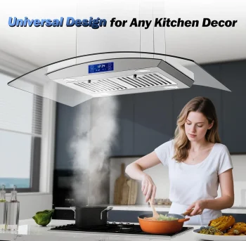 36 Inch Island Range Hood 900CFM Gesture & Touch Control Ceiling Mount Stainless Steel Ducted/Ductless Convertible, Ceiling Mount Vent Hood, Baffle Filter Exhaust Fan Extractor