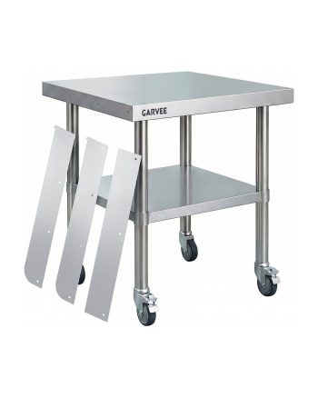 Stainless Steel Work Table, with Detachable 3-Sided Backsplash & Wheels, Height-Adjustable dershelf, Prep Commercial Table for Restaurant, Hotel, Home and Warehouse, 24x24inch