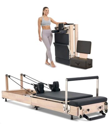 VEVOR Foldable Pilates Reformer, Wooden Pilates Workout Machine for Home Gym Studio Use, Pilates Bed with Dual Resistance- Spring & Cord, Reformer Set with Sitting Box, Up to 400 LBS
