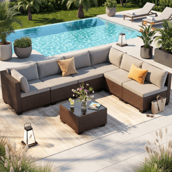 7 Pcs High Back Outdoor PE Wicker Sectional Sofa Set, Patio Rattan Furniture with Soft Cushion & Glass Side Table for Backyard Garden Balcony, Grey